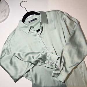 Zara Mint Satin Button Down Shirt